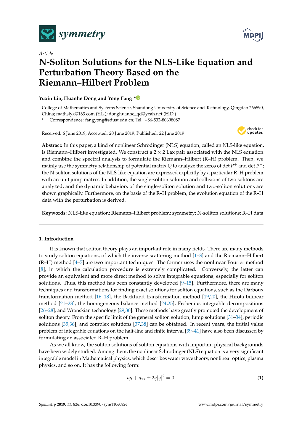 N-Soliton Solutions for the NLS-Like Equation and Perturbation Theory Based on the Riemann–Hilbert Problem