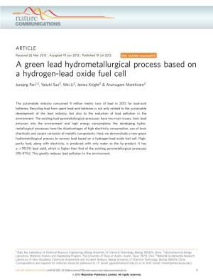 A Green Lead Hydrometallurgical Process Based on a Hydrogen-Lead Oxide Fuel Cell