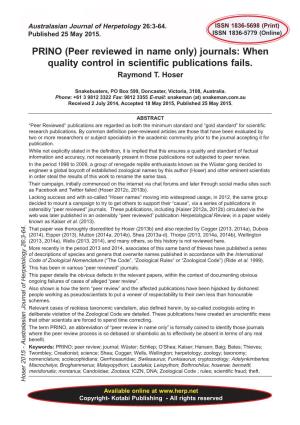 PRINO (Peer Reviewed in Name Only) Journals: When Quality Control in Scientific Publications Fails