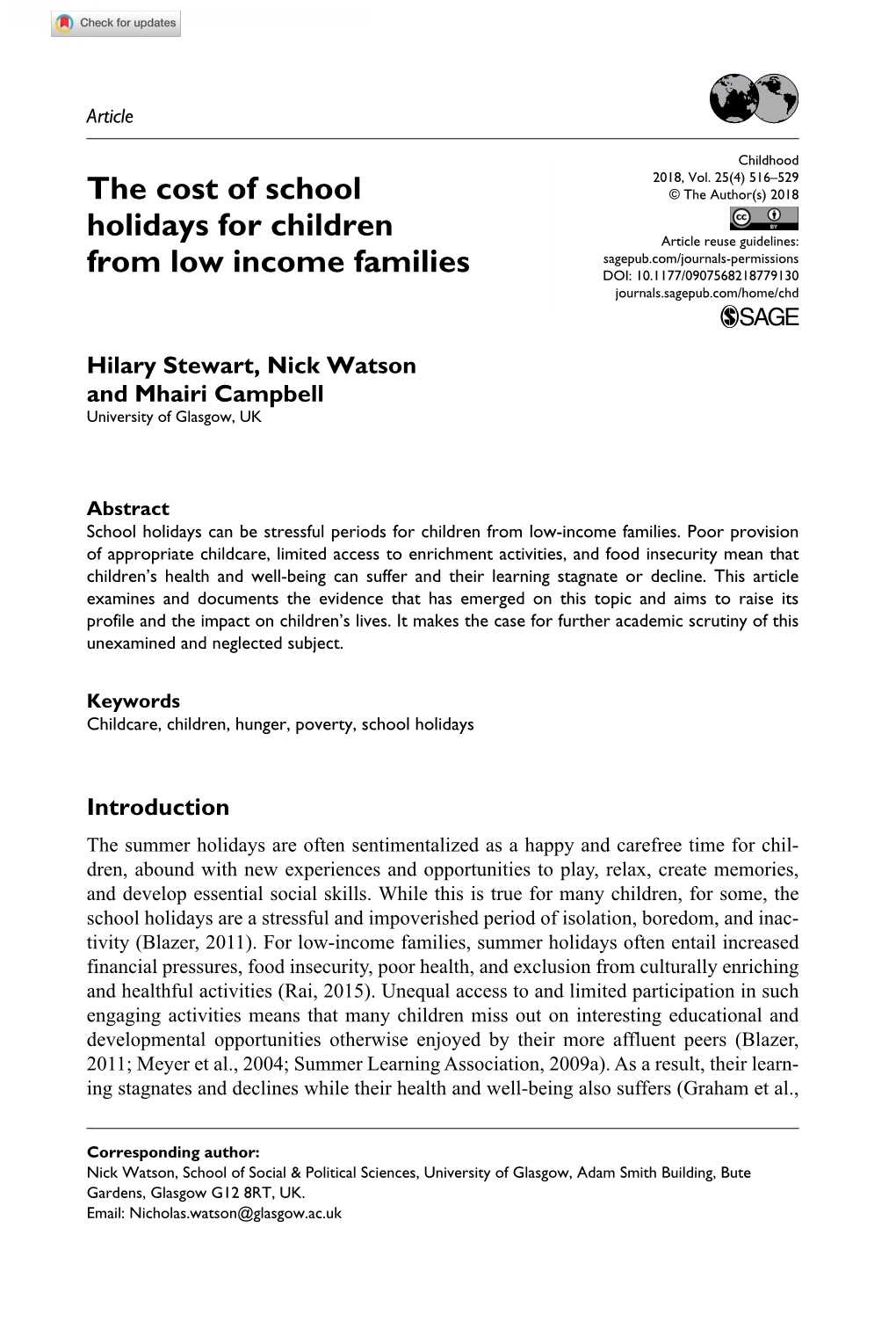 The Cost of School Holidays for Children from Low Income Families