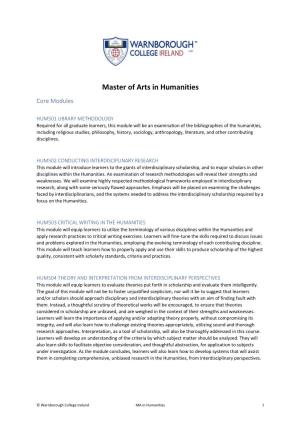 Master of Arts in Humanities Core Modules