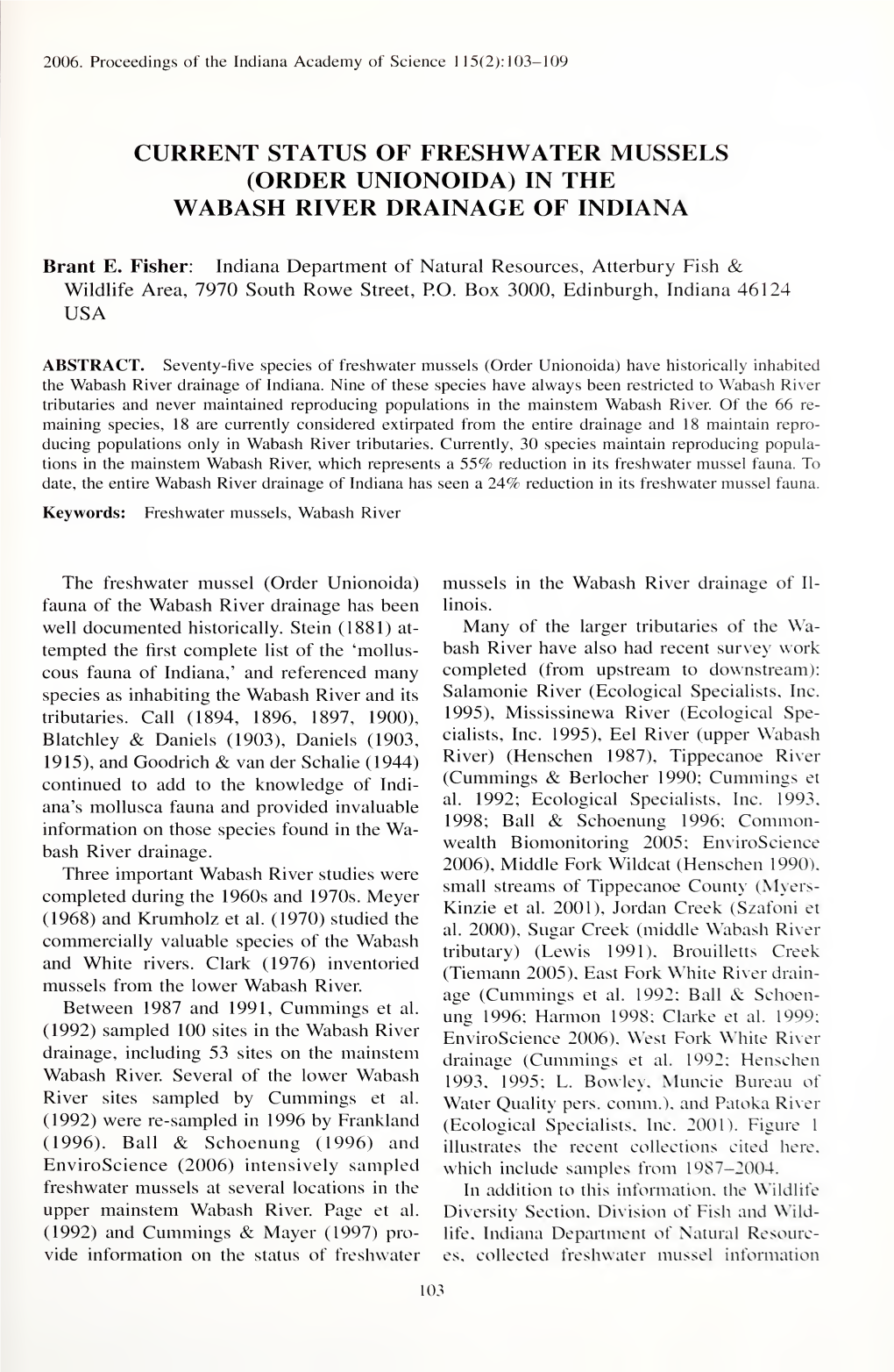 Proceedings of the Indiana Academy of Science 1 15(2): 103- 109