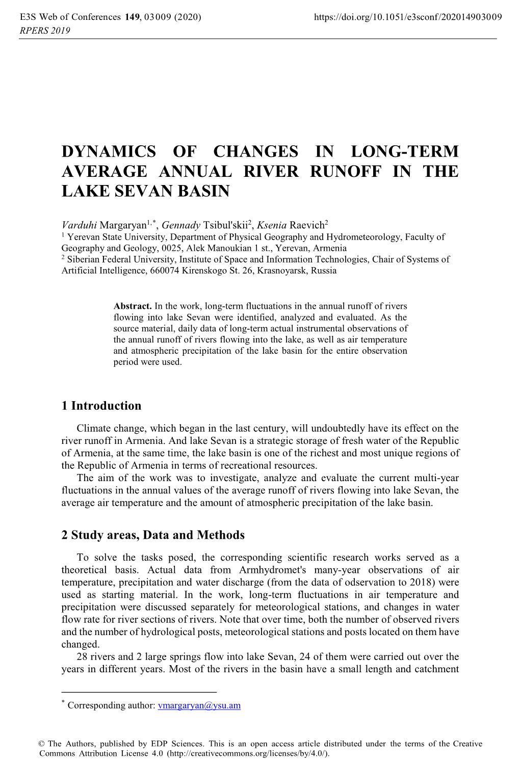 Dynamics of Changes in Long-Term Average Annual River Runoff in the Lake Sevan Basin