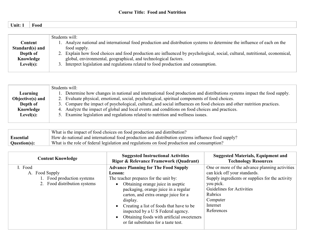 Food and Nutrition