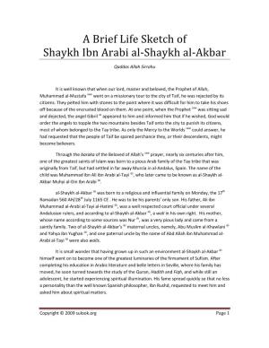 A Brief Life Sketch of Shaykh Ibn Arabi Al-Shaykh Al-Akbar