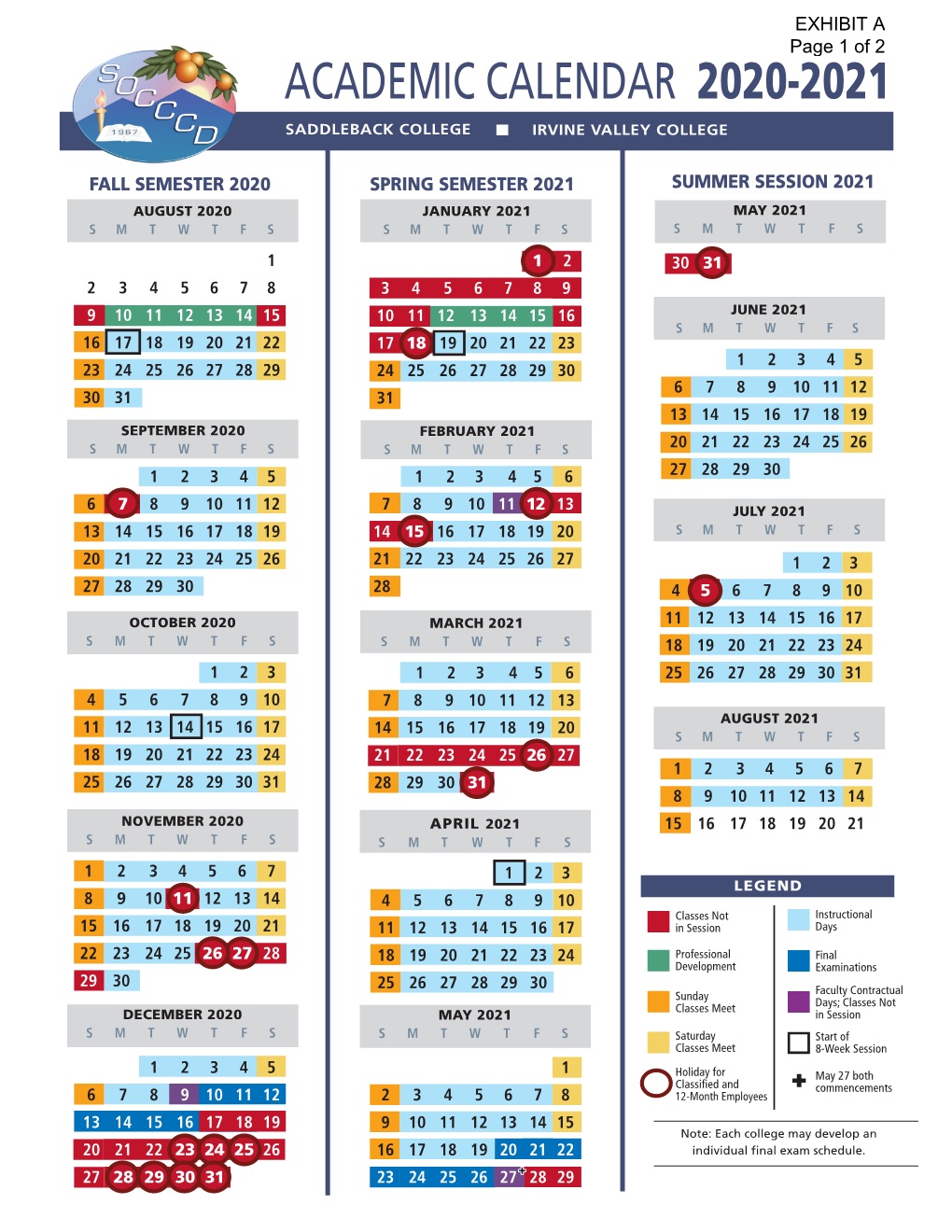 Academic Calendar 20202021 Saddleback College Irvine Valley College