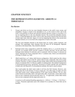 Chapter Nineteen the Representative Elements: Groups 1A Through 4A