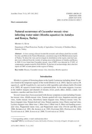 Natural Occurrence of Cucumber Mosaic Virus Infecting Water Mint (Mentha Aquatica) in Antalya and Konya, Turkey