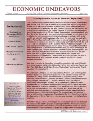 ECONOMIC ENDEAVORS Volume 9, Issue 1 the Haverford College Economics Department Newsletter May 2016