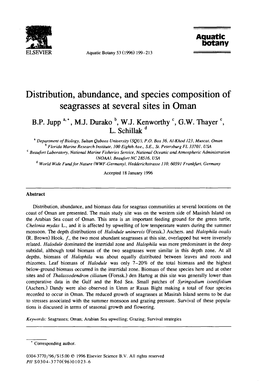 Distribution, Abundance, and Species Composition of Seagrasses at Several Sites in Oman