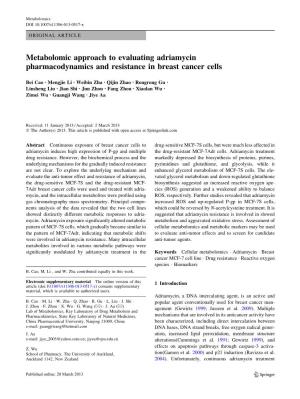 Metabolomic Approach to Evaluating Adriamycin Pharmacodynamics and Resistance in Breast Cancer Cells