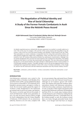 The Negotiation of Political Identity and Rise of Social Citizenship: a Study of the Former Female Combatants in Aceh Since the Helsinki Peace Accord