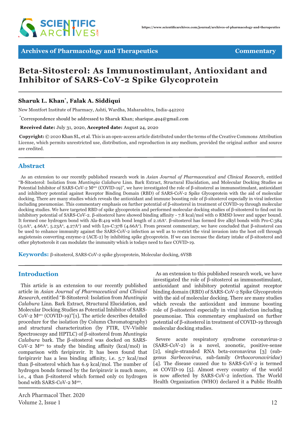 Beta-Sitosterol: As Immunostimulant, Antioxidant and Inhibitor of SARS-Cov-2 Spike Glycoprotein