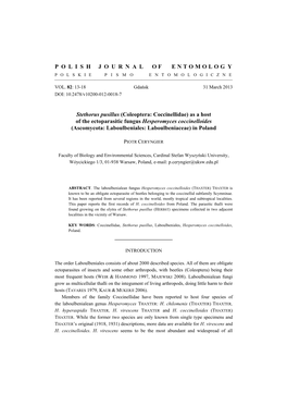 Coleoptera: Coccinellidae) As a Host of the Ectoparasitic Fungus Hesperomyces Coccinelloides (Ascomycota: Laboulbeniales: Laboulbeniaceae) in Poland