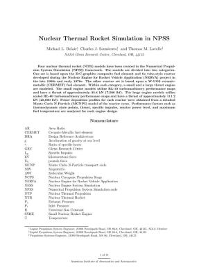Nuclear Thermal Rocket Simulation in NPSS