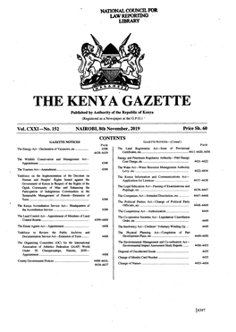 THE KENYA GAZETTE Published by Authority of the Republic of Kenya (Registered As a Newspaper at the G.P.O.) '