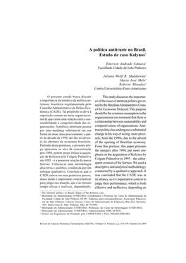 A Política Antitruste No Brasil. Estudo De Caso Kolynos*