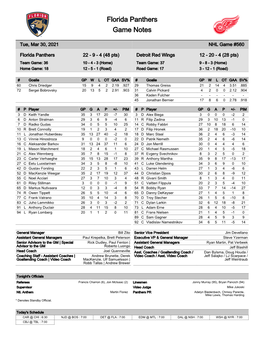 Florida Panthers Game Notes