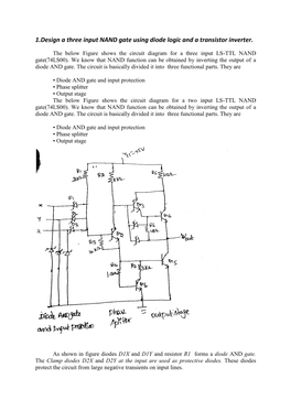 1.Design a Three Input NAND Gate Using Diode Logic and a Transistor Inverter