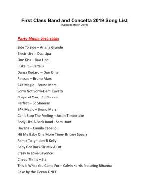First Class Band and Concetta 2019 Song List (Updated March 2019)