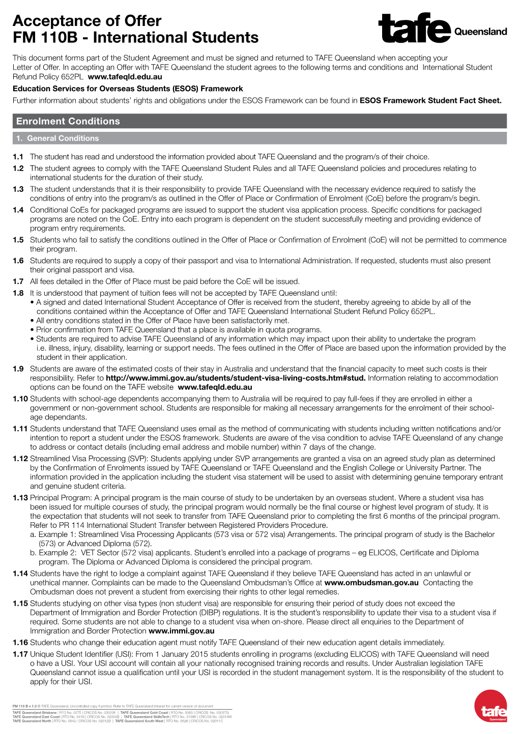 Acceptance of Offer FM 110B - International Students