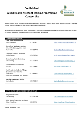 South Island Allied Health Assistant Training Programme Contact List