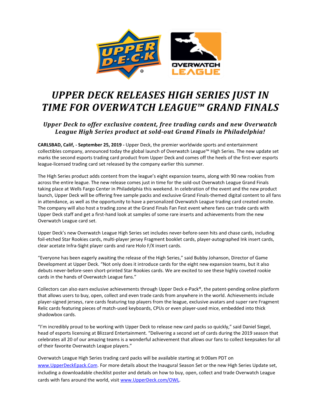 Upper Deck Releases High Series Just in Time for Overwatch League™ Grand Finals