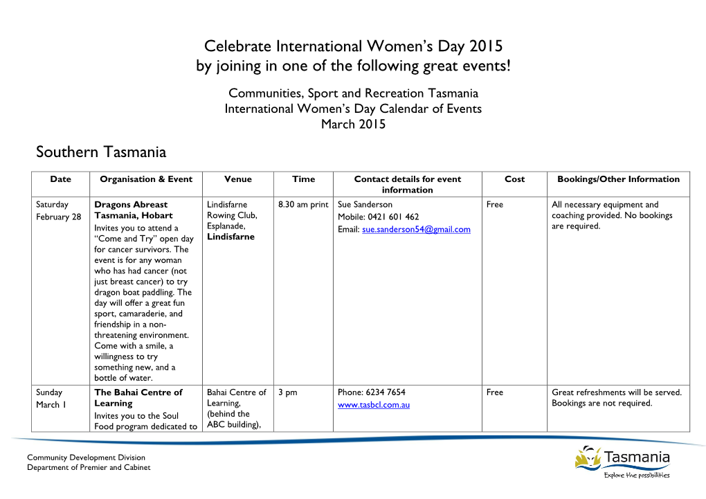 Celebrate International Women's Day 2015 by Joining in One of the Following Great Events! Southern Tasmania