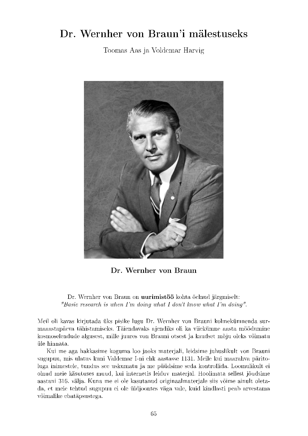 Dr. Wernher Von Braun'i Mälestuseks