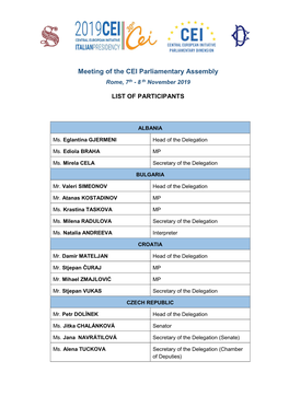 Meeting of the CEI Parliamentary Assembly Rome, 7Th - 8 Th November 2019