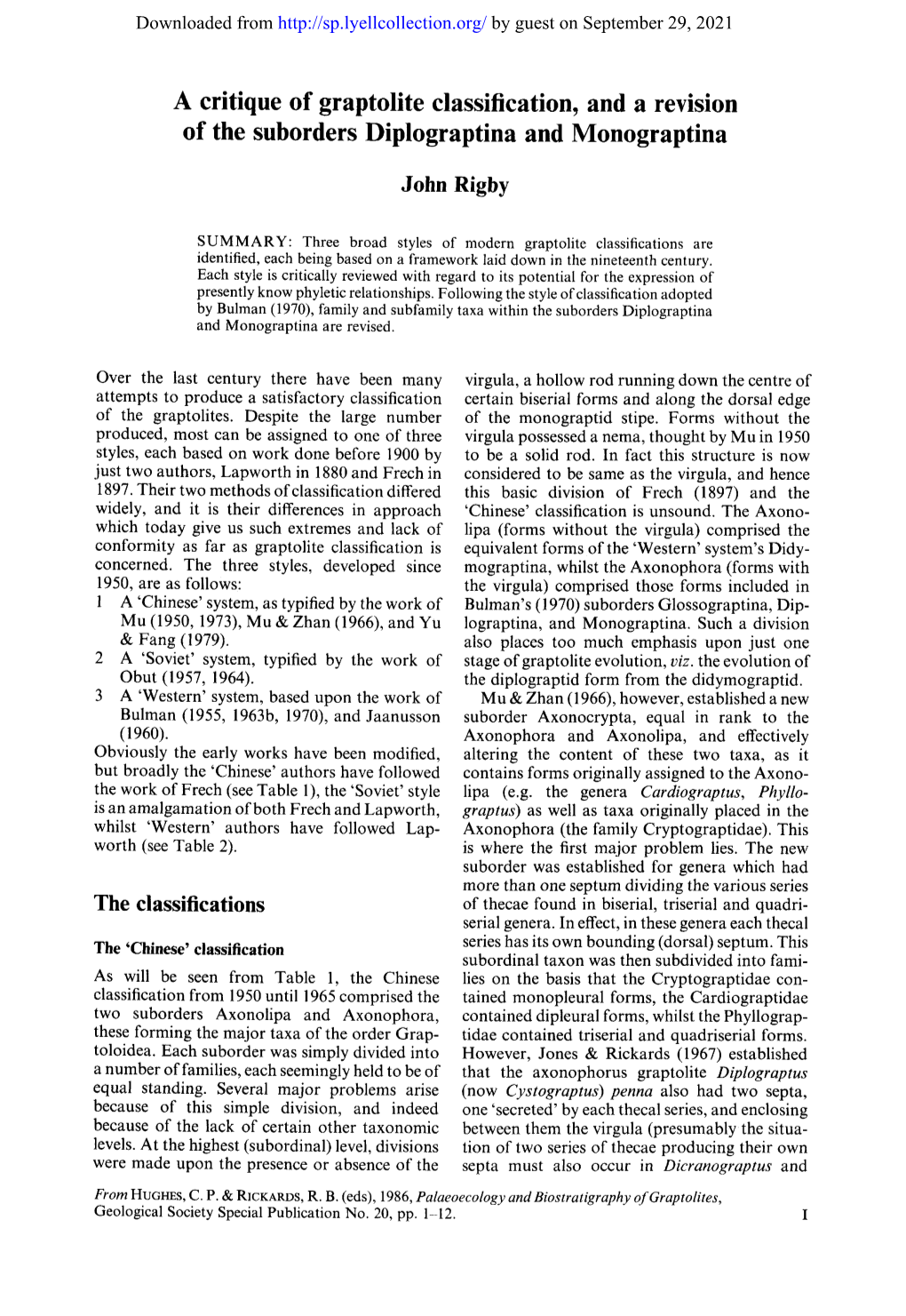 A Critique of Graptolite Classification, and a Revision of the Suborders Diplograptina and Monograptina