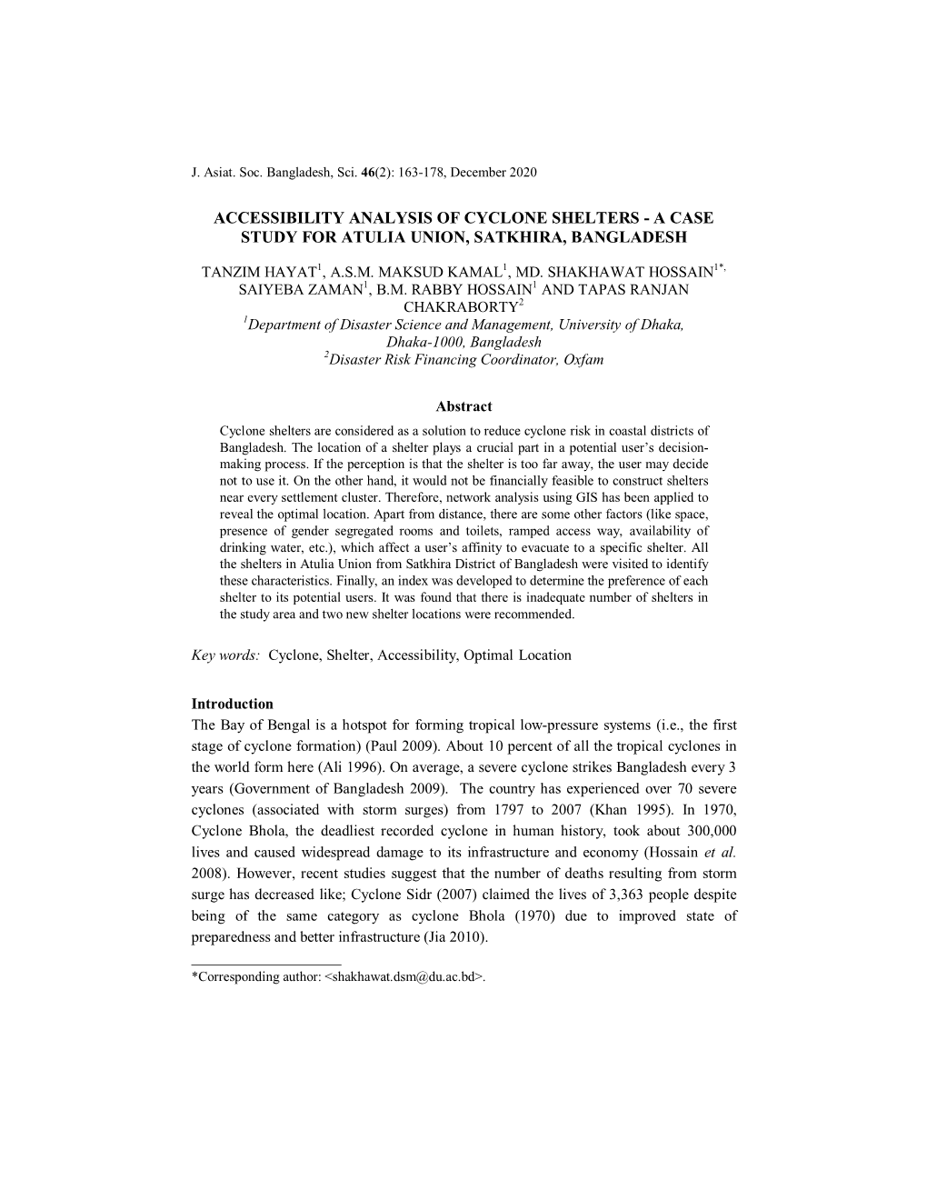 Accessibility Analysis of Cyclone Shelters - a Case Study for Atulia Union, Satkhira, Bangladesh