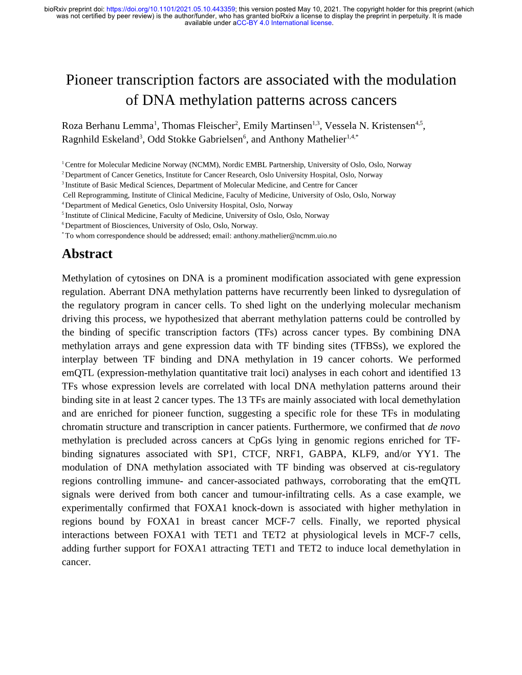 Pioneer Transcription Factors Are Associated with the Modulation of DNA Methylation Patterns Across Cancers