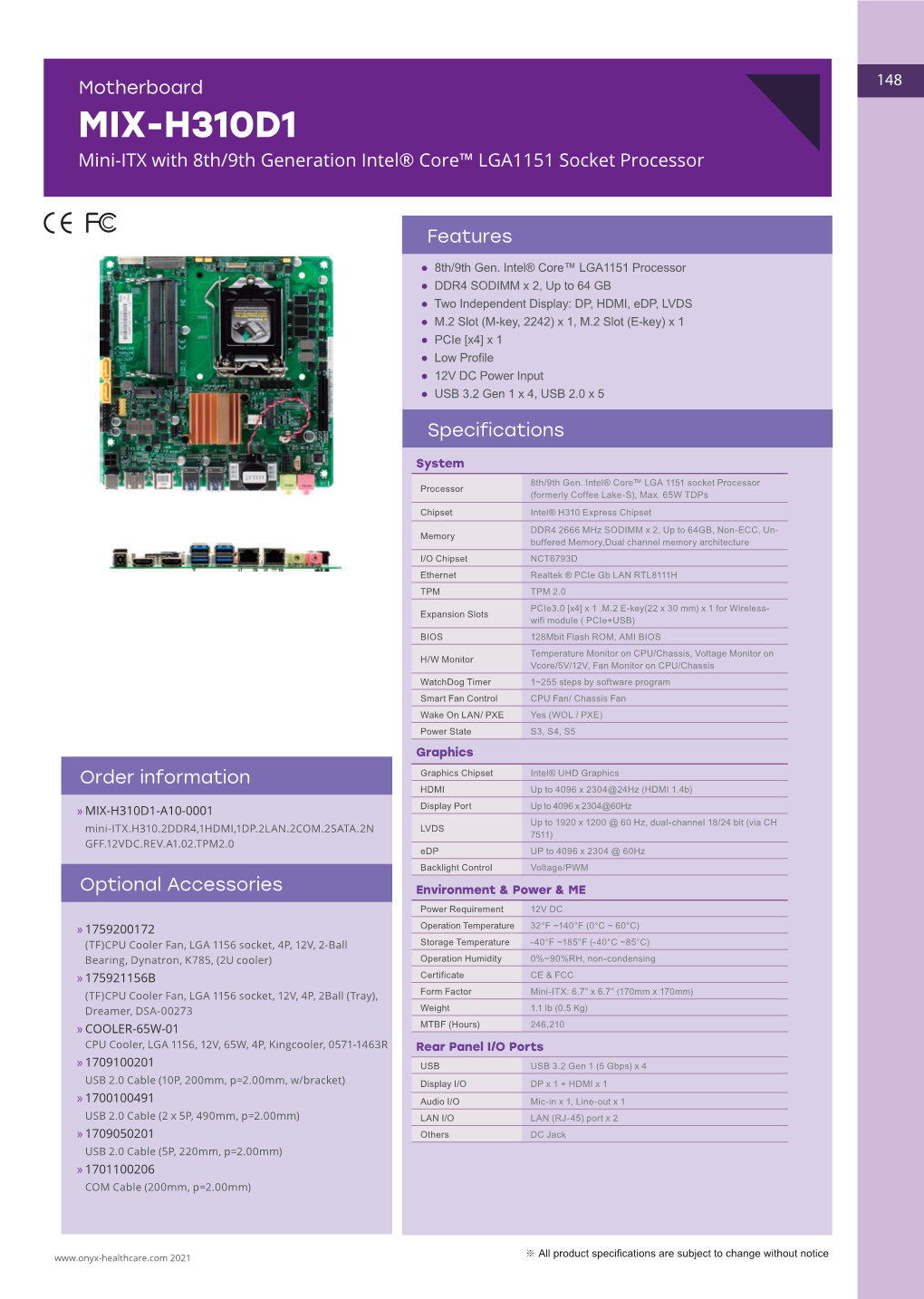 MIX-H310D1 Mini-ITX with 8Th/9Th Generation Intel® Core™ LGA1151 Socket Processor