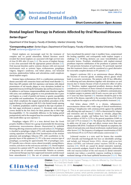Dental Implant Therapy in Patients Affected by Oral Mucosal Diseases Sertan Ergun*