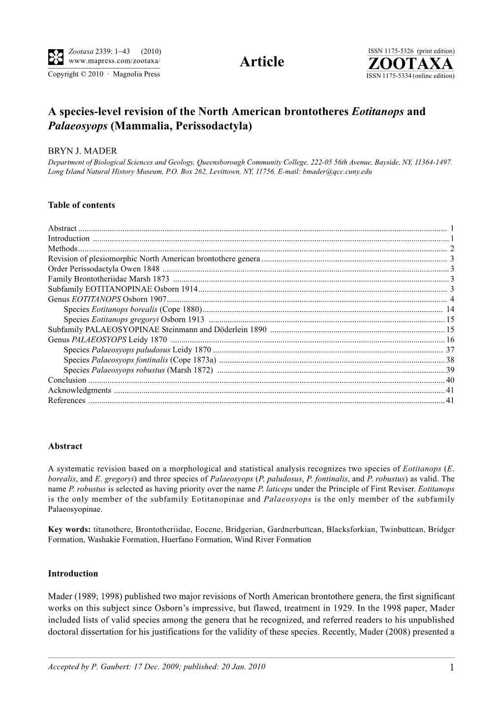 Zootaxa, a Species-Level Revision of the North