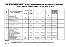 Seniority List of Bs – 17 Officers (Male) Belonging to General Cadre (School Wing) Corrected Upto 31-12-2011