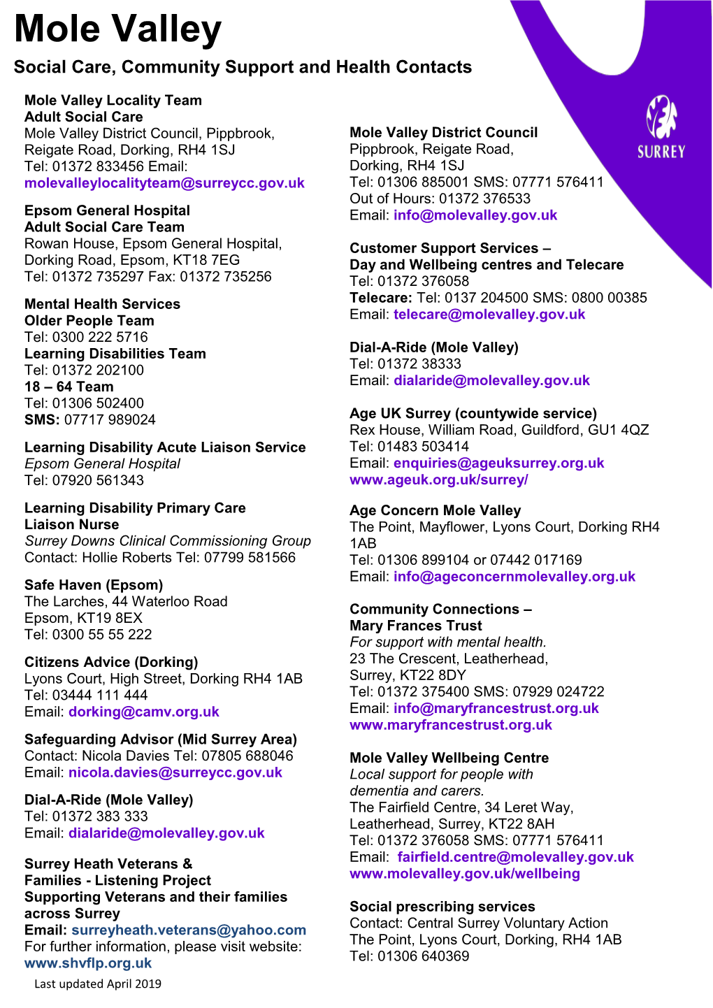 Mole Valley Social Care, Community Support and Health Contacts