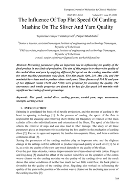 The Influence of Top Flat Speed of Carding Mashine on the Sliver and Yarn Quality