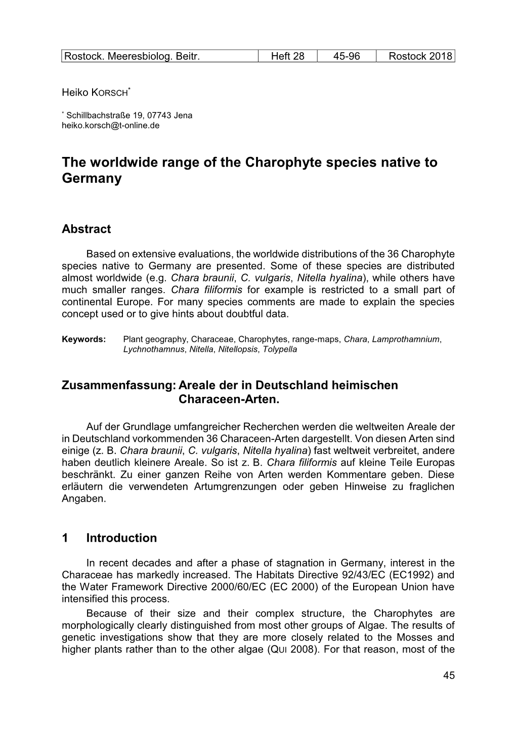 The Worldwide Range of the Charophyte Species Native to Germany