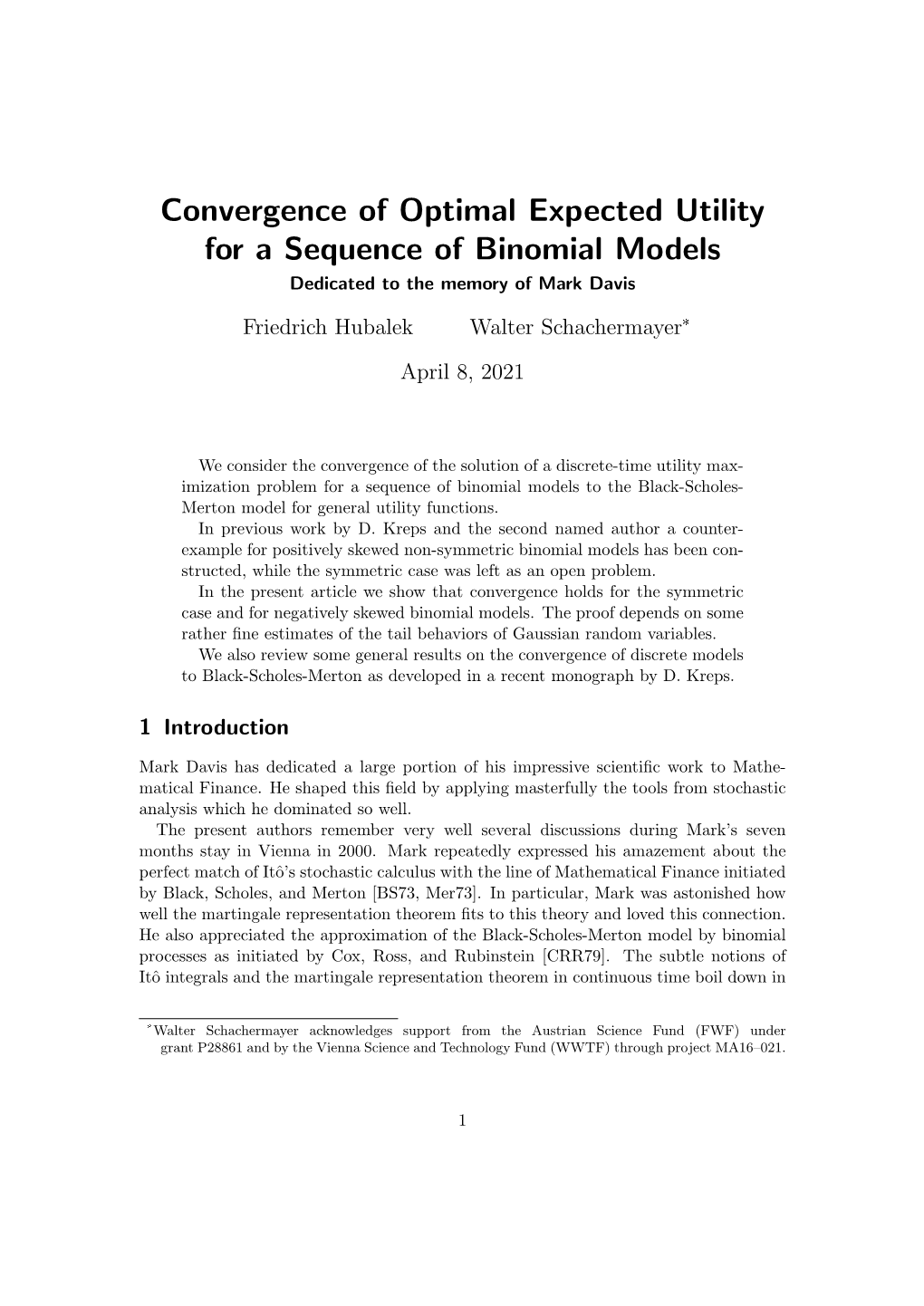 Convergence of Optimal Expected Utility for a Sequence of Binomial Models Dedicated to the Memory of Mark Davis