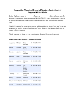 Support for Maryland Essential Workers Protection Act Support HB581/SB486