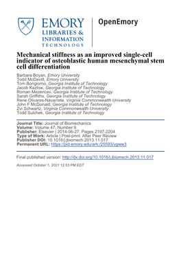Mechanical Stiffness As an Improved Single-Cell Indicator of Osteoblastic Human Mesenchymal Stem Cell Differentiation