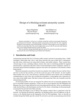 Design of a Blocking-Resistant Anonymity System DRAFT