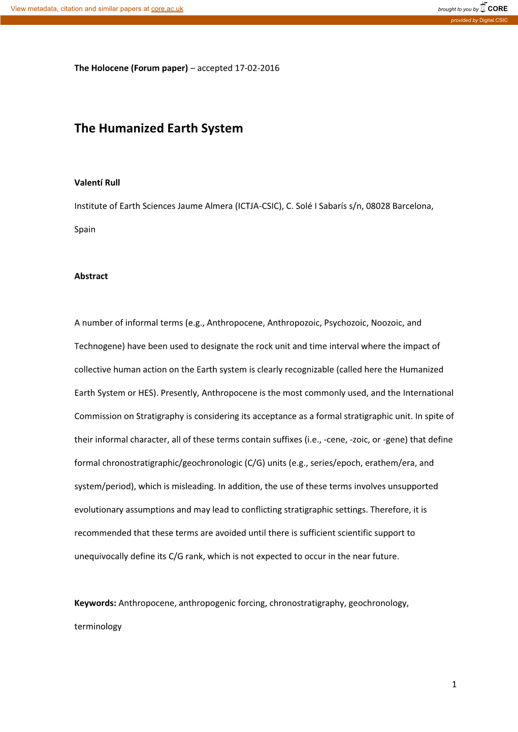 The Humanized Earth System