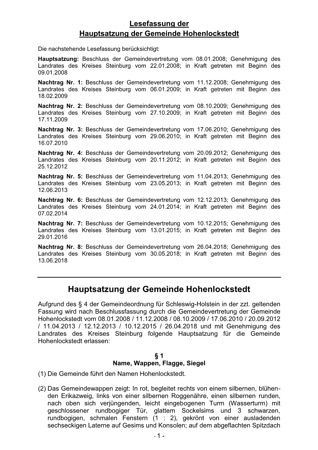 Hauptsatzung Der Gemeinde Hohenlockstedt