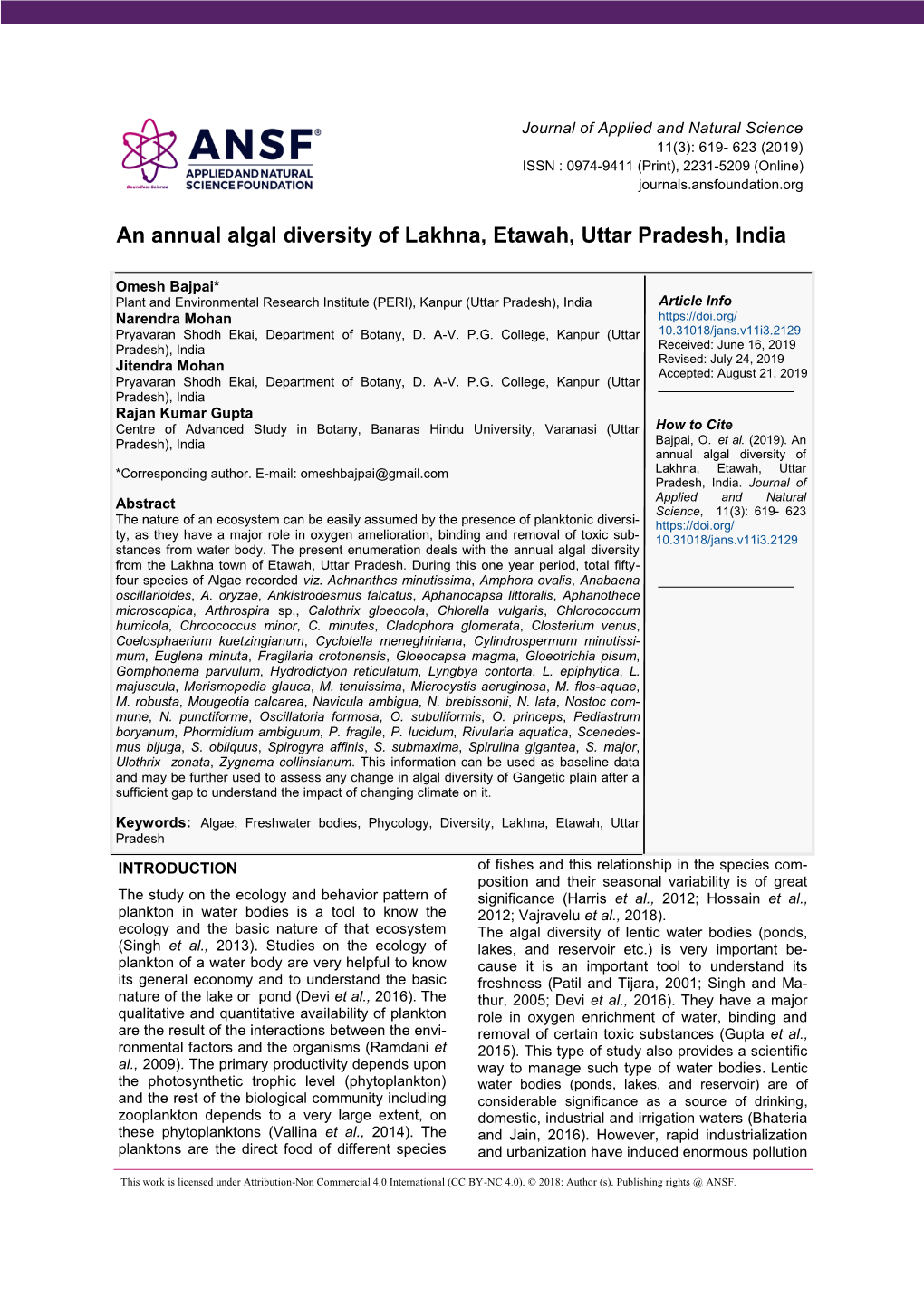 An Annual Algal Diversity of Lakhna, Etawah, Uttar Pradesh, India