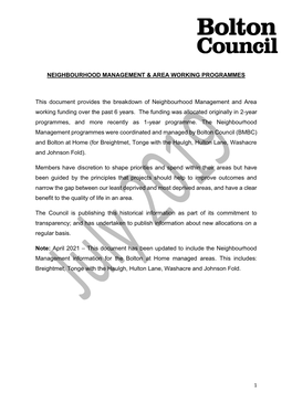 Neighbourhood Management & Area Working Programme