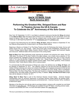 Sting Back to Bass North American Tour 2011 Announcement DRAFT