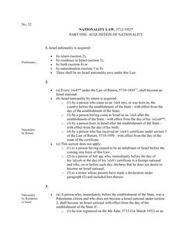 No. 32 NATIONALITY LAW, 5712-1952* PART ONE